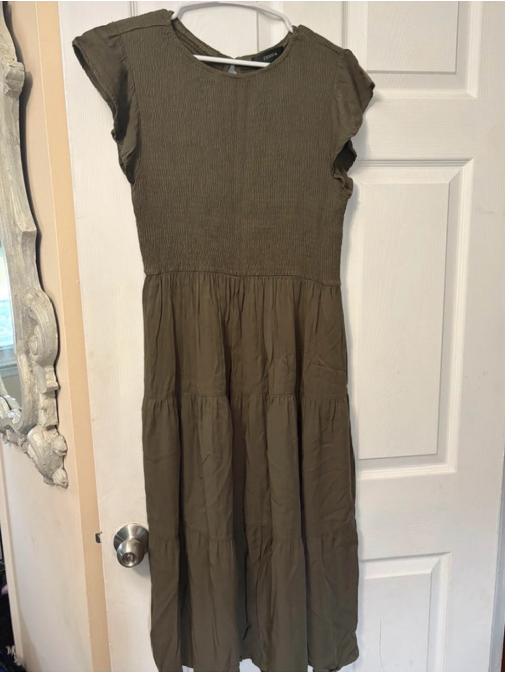 Olive Green Smocked Maxi Dress with Flutter Sleeves